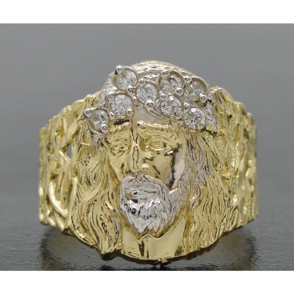 Real 10K Two-tone Gold 19.6mm Mens Jesus Head Nugget CZ Ring 4.2gr ALL Sizes